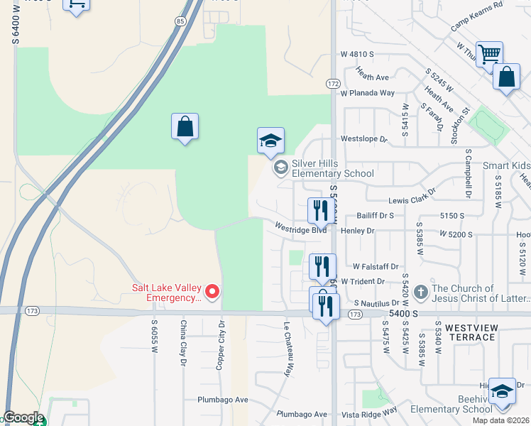 map of restaurants, bars, coffee shops, grocery stores, and more near 5773 Coral Hill Circle in West Valley City