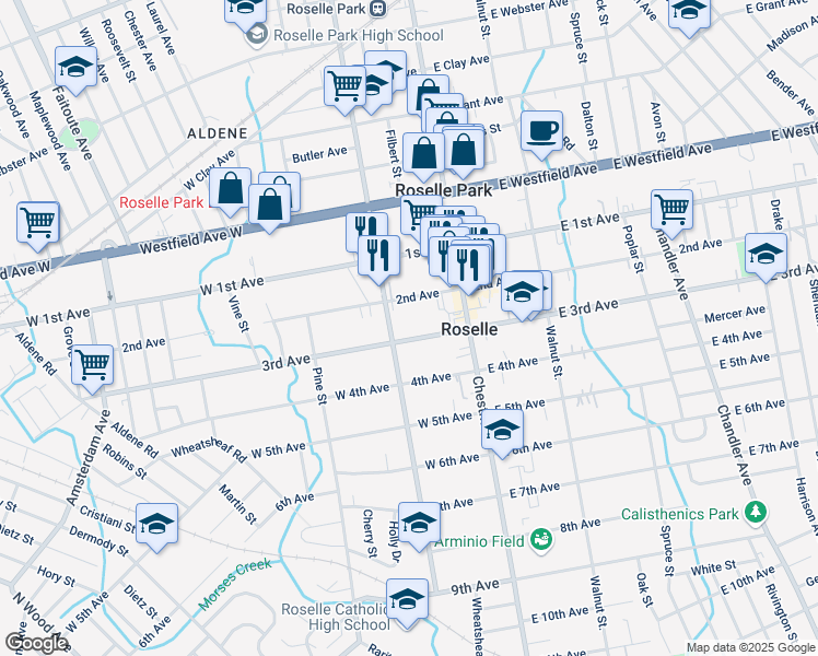 map of restaurants, bars, coffee shops, grocery stores, and more near 142 West 3rd Avenue in Roselle