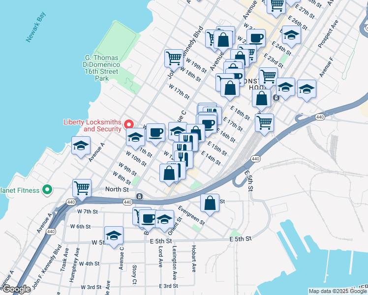 map of restaurants, bars, coffee shops, grocery stores, and more near 19 West 13th Street in Bayonne