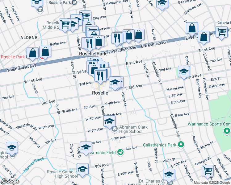 map of restaurants, bars, coffee shops, grocery stores, and more near 140 East 3rd Avenue in Roselle