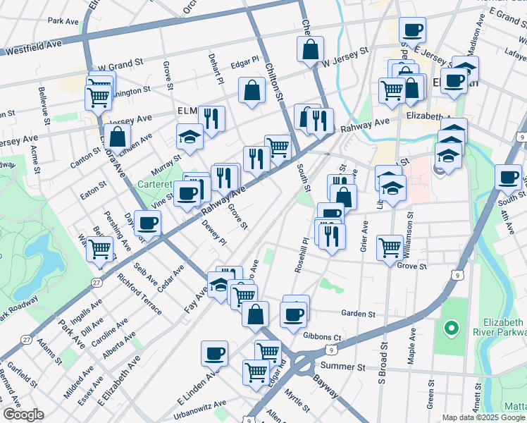 map of restaurants, bars, coffee shops, grocery stores, and more near 330 Fay Avenue in Elizabeth