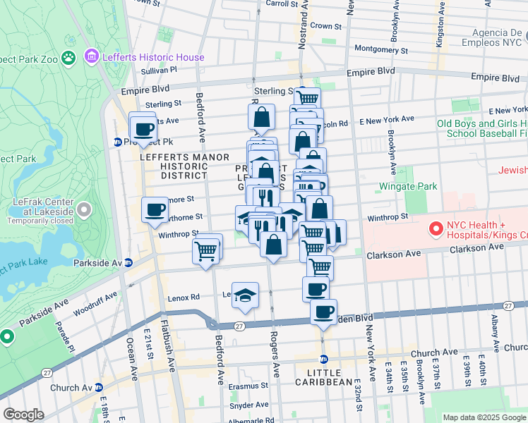 map of restaurants, bars, coffee shops, grocery stores, and more near Rogers Ave & Hawthorne St in Brooklyn