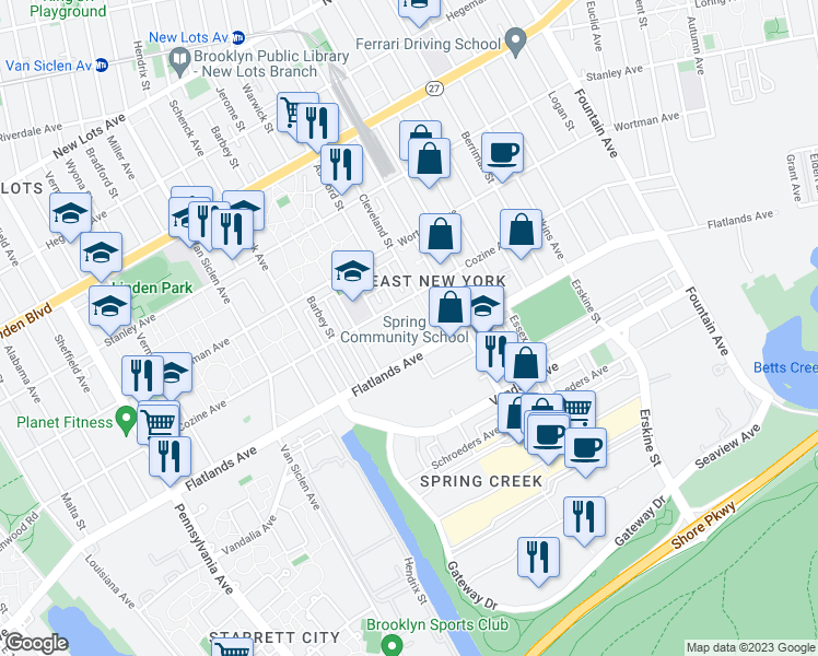 map of restaurants, bars, coffee shops, grocery stores, and more near 12421 Flatlands Avenue in Brooklyn
