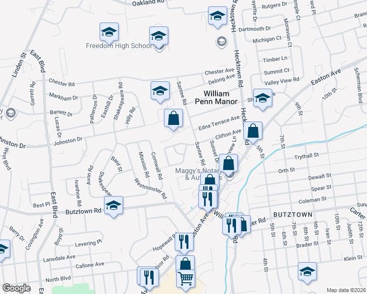 map of restaurants, bars, coffee shops, grocery stores, and more near 3097 Millstone Drive in Bethlehem