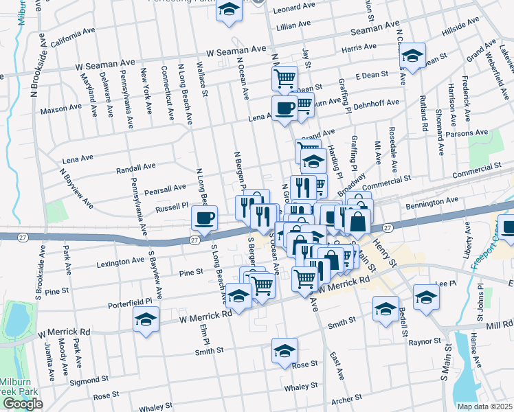 map of restaurants, bars, coffee shops, grocery stores, and more near 100 Brooklyn Avenue in Freeport