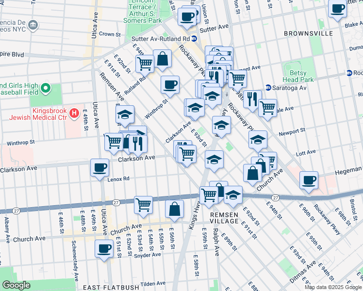 map of restaurants, bars, coffee shops, grocery stores, and more near 330 East 92nd Street in Brooklyn