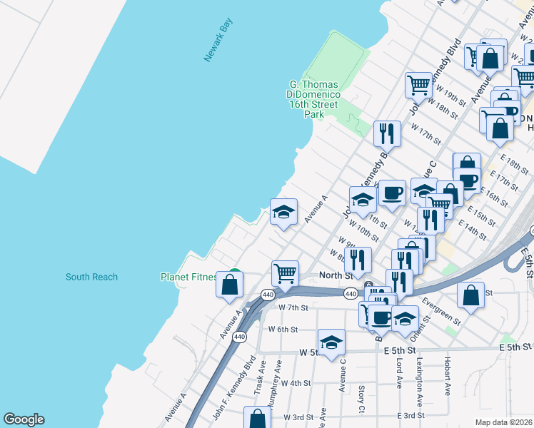 map of restaurants, bars, coffee shops, grocery stores, and more near 85 Boatworks Drive in Bayonne
