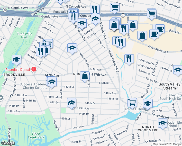 map of restaurants, bars, coffee shops, grocery stores, and more near 257-23 147th Avenue in Queens