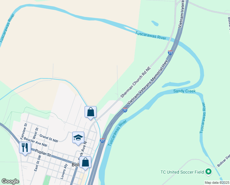 map of restaurants, bars, coffee shops, grocery stores, and more near 12246 Sherman Church Road Northeast in Bolivar