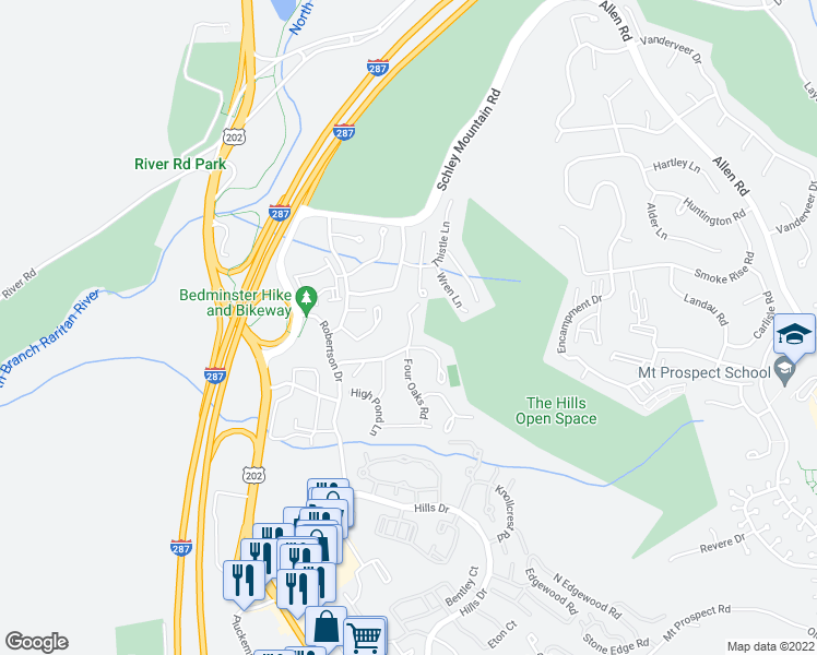 map of restaurants, bars, coffee shops, grocery stores, and more near 7 Oak Knoll Lane in Bedminster Township