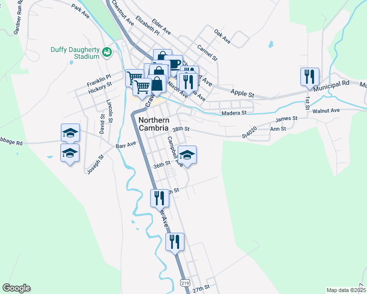 map of restaurants, bars, coffee shops, grocery stores, and more near 3601 St Stans Ave in Northern Cambria