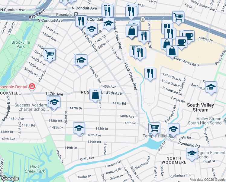 map of restaurants, bars, coffee shops, grocery stores, and more near 258-19 147th Avenue in Queens