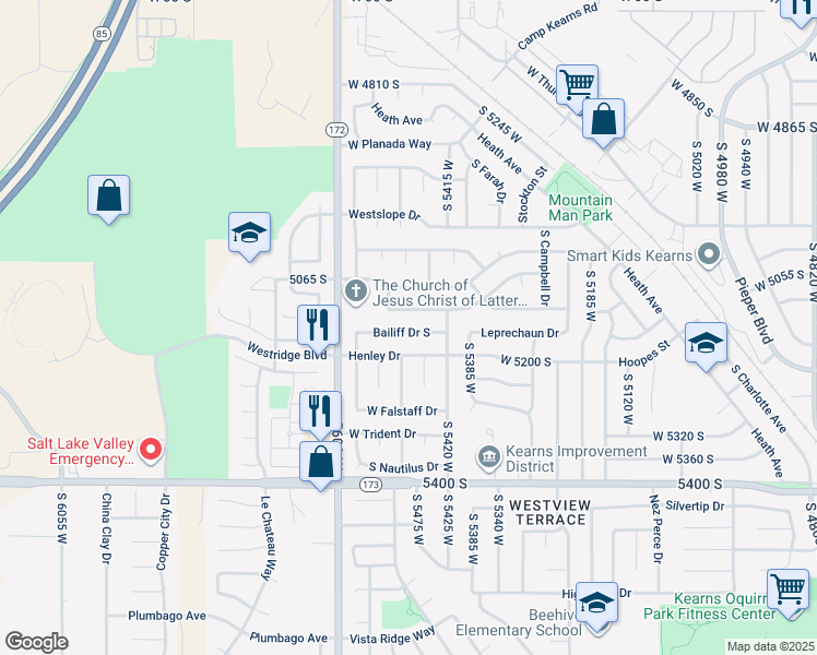 map of restaurants, bars, coffee shops, grocery stores, and more near 5465 Bailiff Drive South in Kearns
