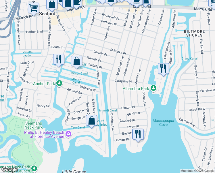 map of restaurants, bars, coffee shops, grocery stores, and more near 132 Division Avenue in Massapequa