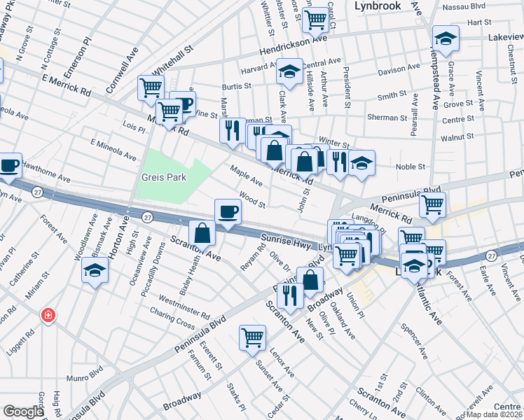 map of restaurants, bars, coffee shops, grocery stores, and more near 78 Wood Street in Lynbrook