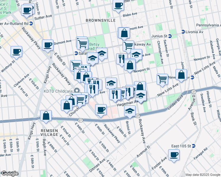 map of restaurants, bars, coffee shops, grocery stores, and more near 75 Lott Avenue in Brooklyn