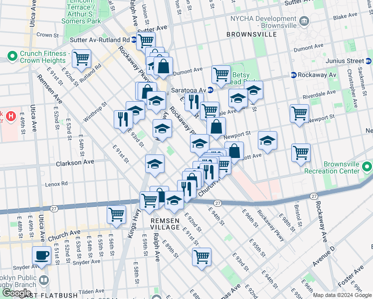 map of restaurants, bars, coffee shops, grocery stores, and more near 399 East 95th Street in Brooklyn