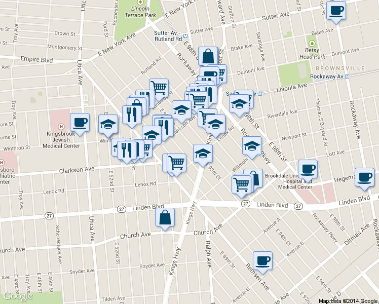 map of restaurants, bars, coffee shops, grocery stores, and more near 330 East 92nd Street in Brooklyn