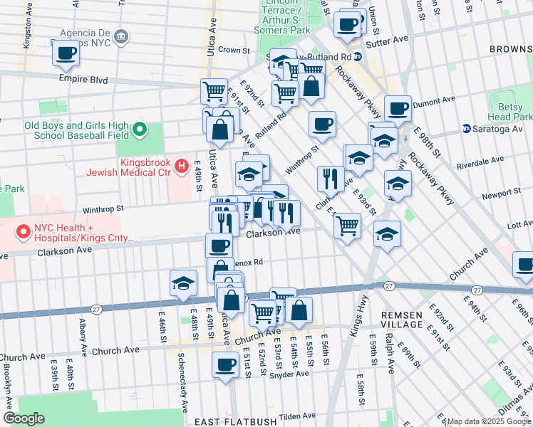map of restaurants, bars, coffee shops, grocery stores, and more near 133 Clarkson Avenue in Brooklyn