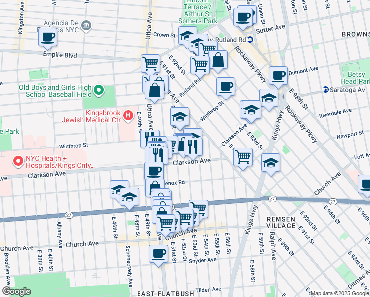 map of restaurants, bars, coffee shops, grocery stores, and more near 151 East 52nd Street in Brooklyn