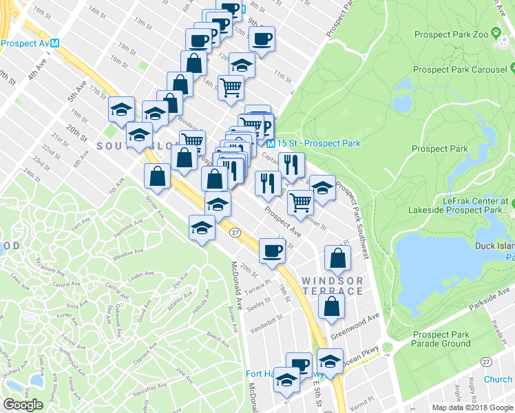 map of restaurants, bars, coffee shops, grocery stores, and more near 559 17th Street in Brooklyn