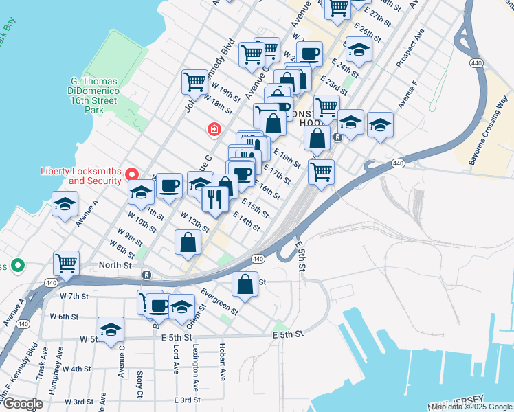 map of restaurants, bars, coffee shops, grocery stores, and more near 22 East 15th Street in Bayonne