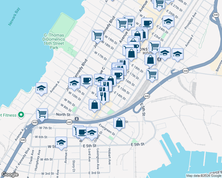 map of restaurants, bars, coffee shops, grocery stores, and more near 309 Broadway in Bayonne