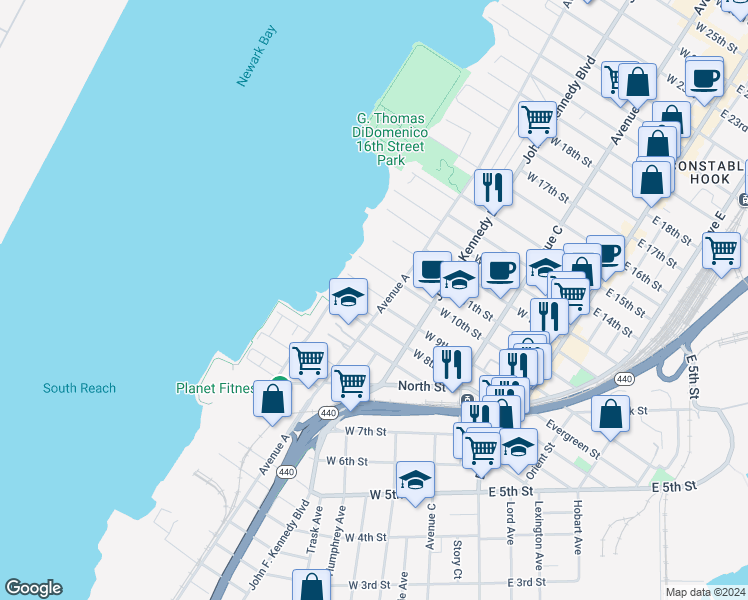 map of restaurants, bars, coffee shops, grocery stores, and more near 153 West 8th Street in Bayonne