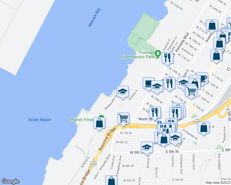 map of restaurants, bars, coffee shops, grocery stores, and more near 85 Boatworks Drive in Bayonne