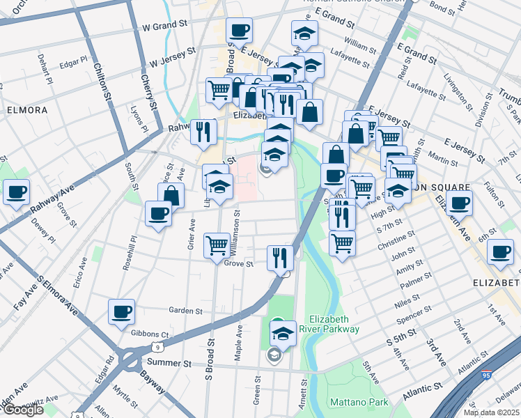map of restaurants, bars, coffee shops, grocery stores, and more near 635 Norwood Terrace in Elizabeth
