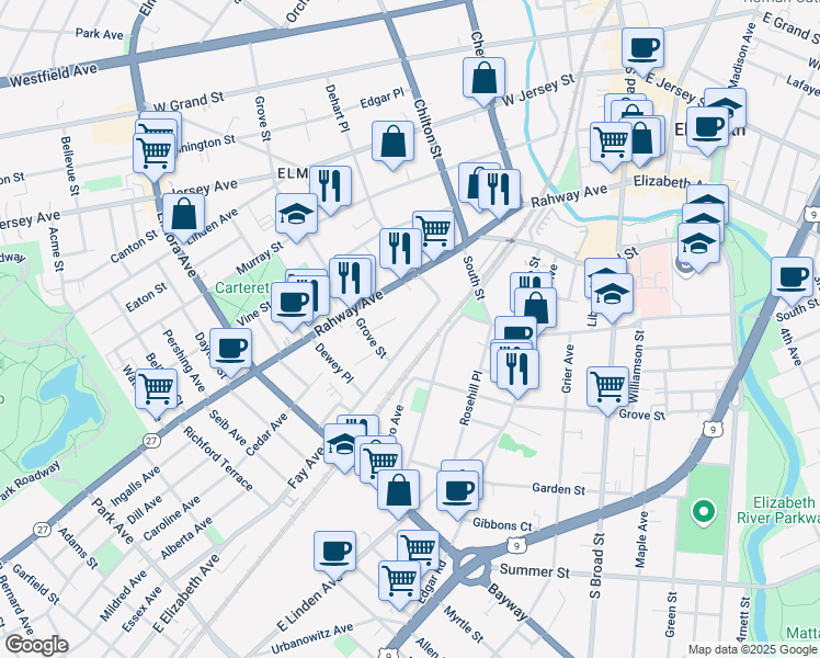 map of restaurants, bars, coffee shops, grocery stores, and more near 330 Fay Avenue in Elizabeth