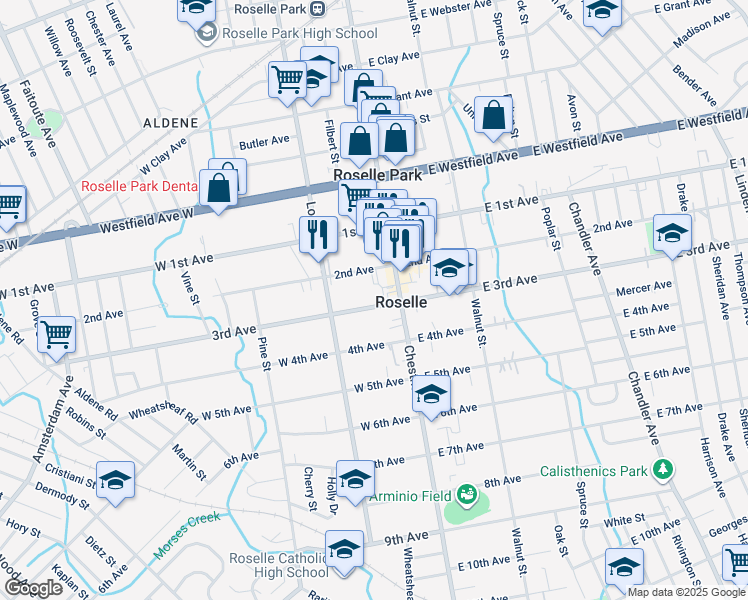 map of restaurants, bars, coffee shops, grocery stores, and more near 109 West 3rd Avenue in Roselle