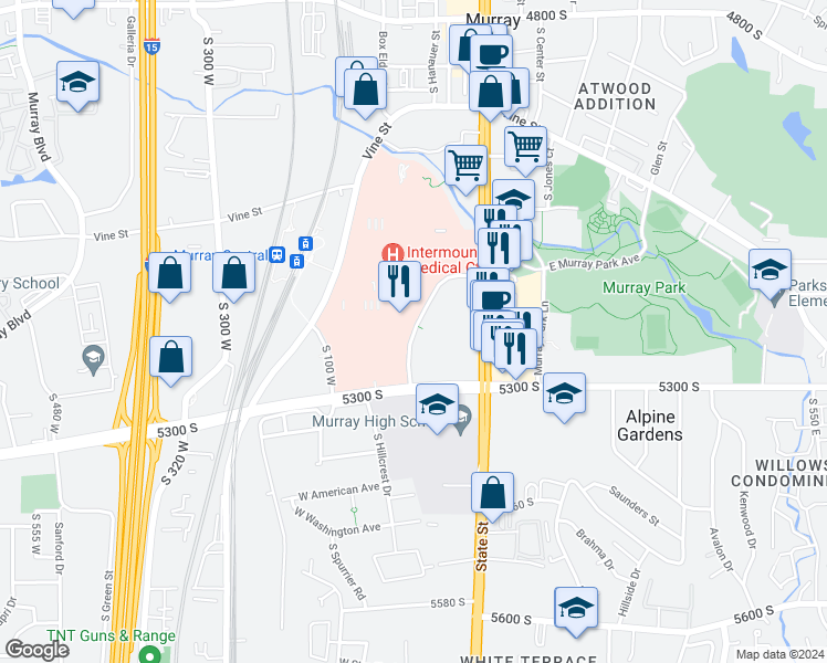 map of restaurants, bars, coffee shops, grocery stores, and more near 3951 Intermountain Drive in Murray