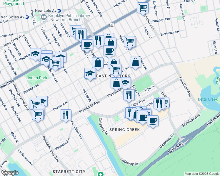 map of restaurants, bars, coffee shops, grocery stores, and more near 12421 Flatlands Avenue in Brooklyn