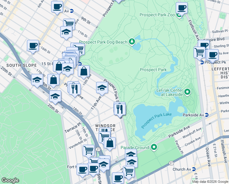 map of restaurants, bars, coffee shops, grocery stores, and more near 101 Prospect Park Southwest in Brooklyn