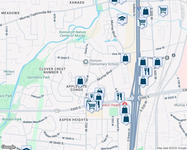 map of restaurants, bars, coffee shops, grocery stores, and more near 5235 South Glendon Way in Murray