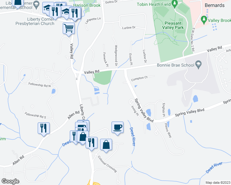 map of restaurants, bars, coffee shops, grocery stores, and more near 48 Baldwin Court in Basking Ridge