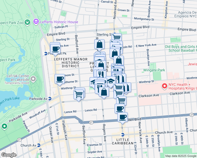 map of restaurants, bars, coffee shops, grocery stores, and more near 583 Rogers Avenue in Brooklyn