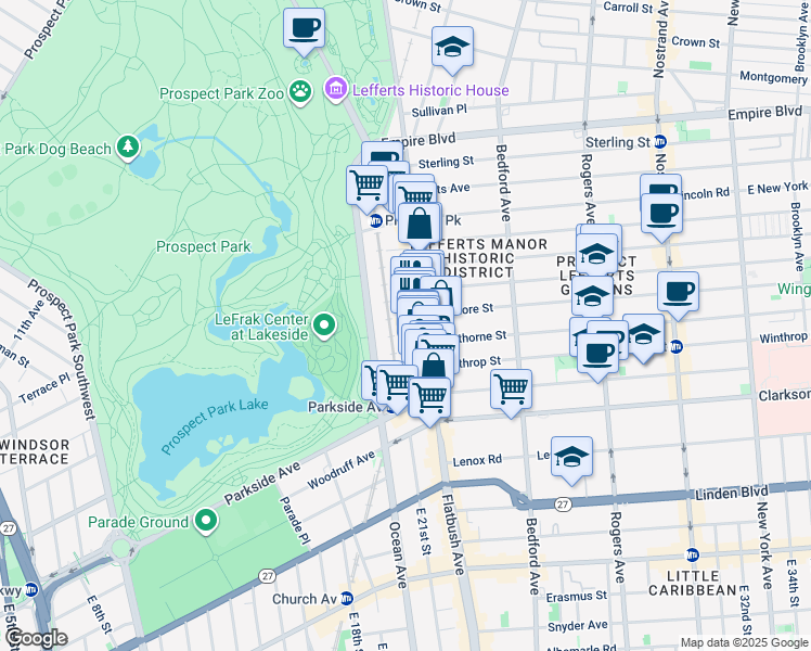 map of restaurants, bars, coffee shops, grocery stores, and more near 626 Flatbush Avenue in Brooklyn