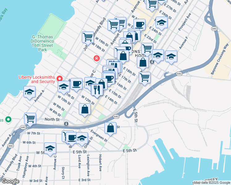 map of restaurants, bars, coffee shops, grocery stores, and more near 22 East 15th Street in Bayonne