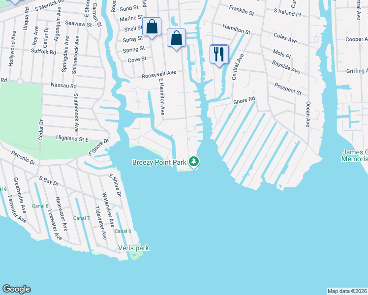 map of restaurants, bars, coffee shops, grocery stores, and more near 133 Clocks Boulevard in Massapequa