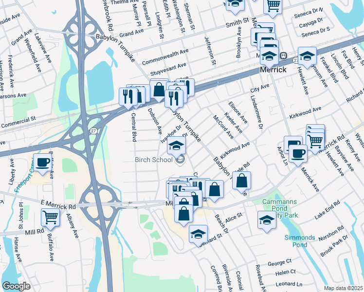 map of restaurants, bars, coffee shops, grocery stores, and more near 30 Central Parkway in Merrick