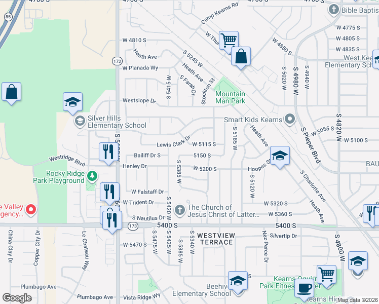 map of restaurants, bars, coffee shops, grocery stores, and more near 5350 5150 South in Kearns