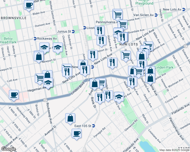 map of restaurants, bars, coffee shops, grocery stores, and more near 1723 Linden Boulevard in Brooklyn