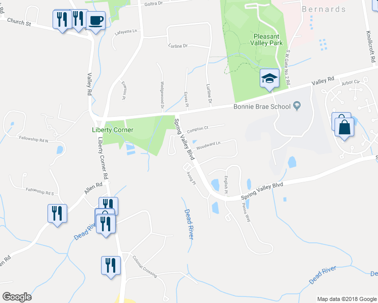 map of restaurants, bars, coffee shops, grocery stores, and more near Spring Valley Blvd & Woodward Ln in Bernards