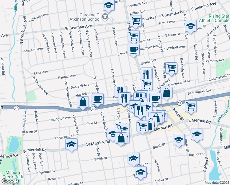 map of restaurants, bars, coffee shops, grocery stores, and more near 42 48 Main Street in Freeport