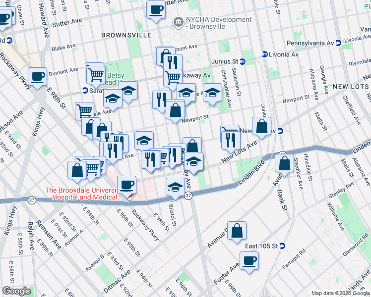 map of restaurants, bars, coffee shops, grocery stores, and more near 890 Rockaway Avenue in Brooklyn