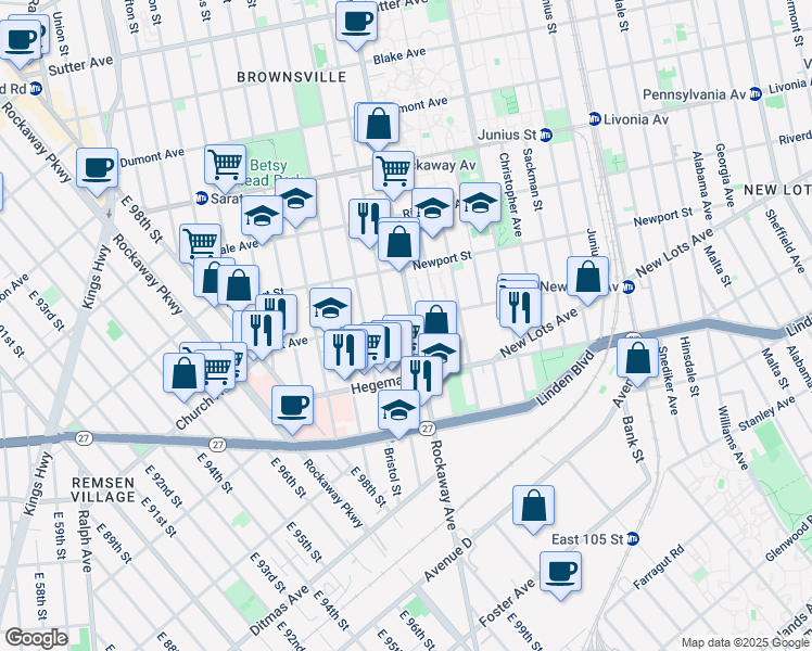 map of restaurants, bars, coffee shops, grocery stores, and more near 890 Rockaway Avenue in Brooklyn