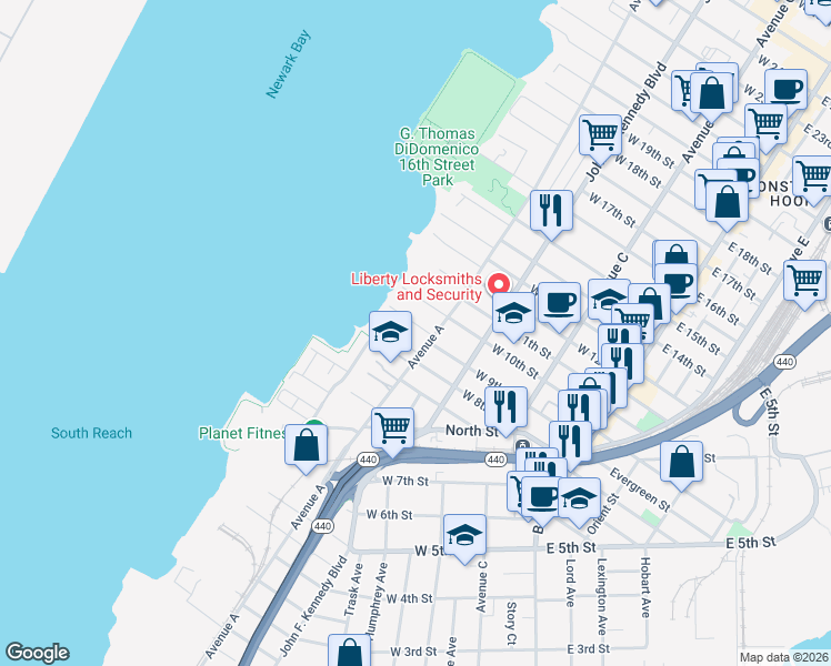 map of restaurants, bars, coffee shops, grocery stores, and more near 153 West 8th Street in Bayonne