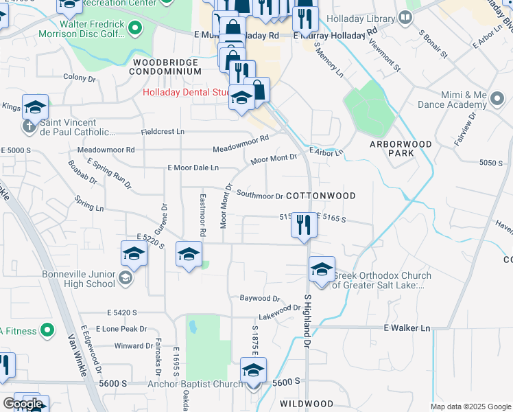 map of restaurants, bars, coffee shops, grocery stores, and more near 5164 South 1870 East in Holladay